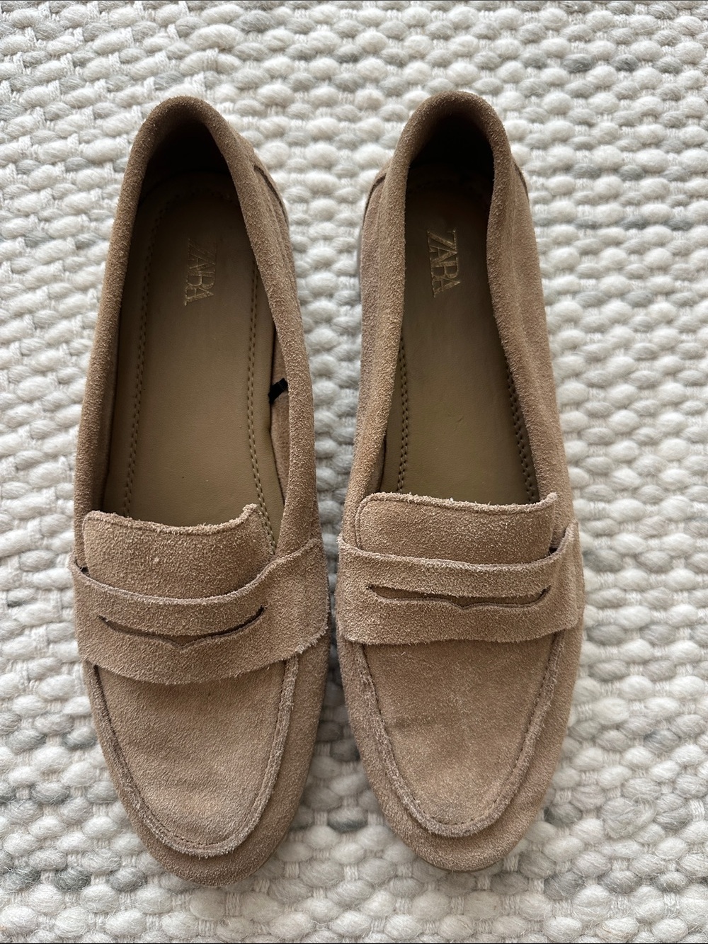 Zara Suede Penny Loafers in Taupe Brown
